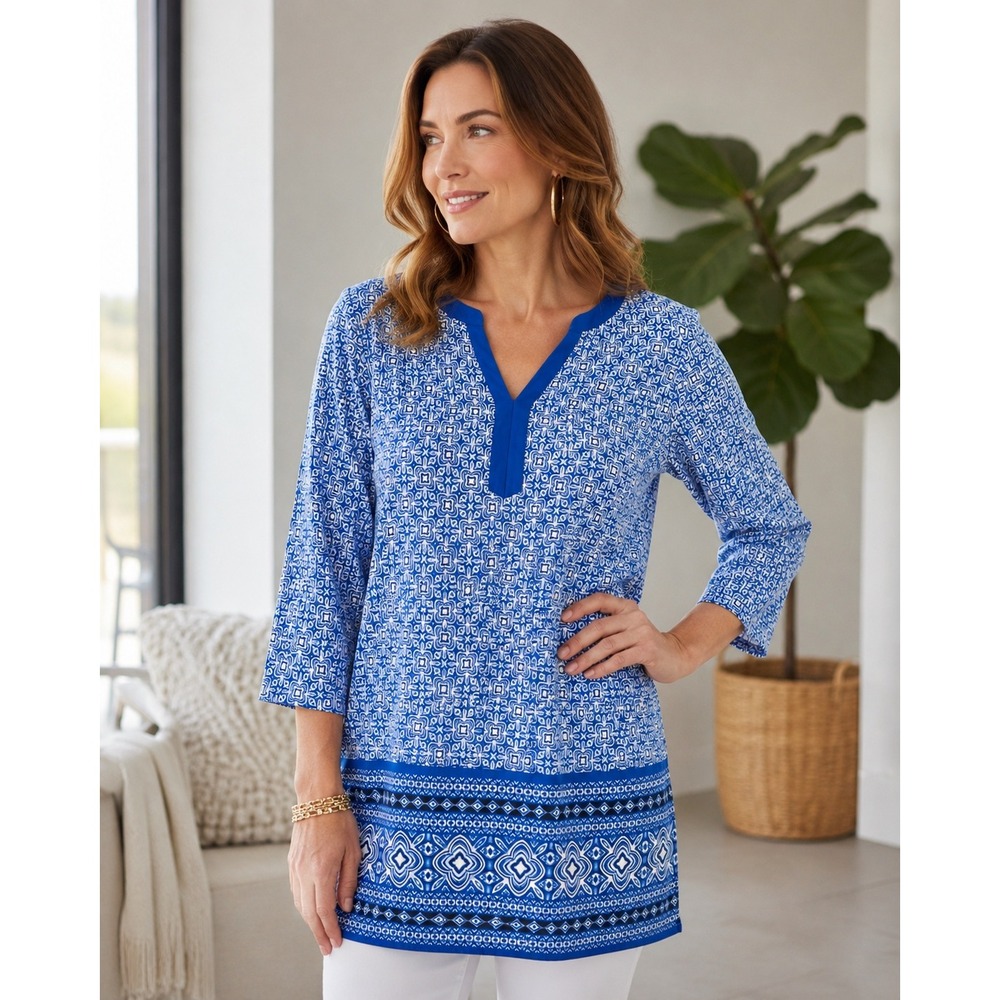Lands End Blue White Geometric Tile  Tunic Split Neck 3/4 Sleeve